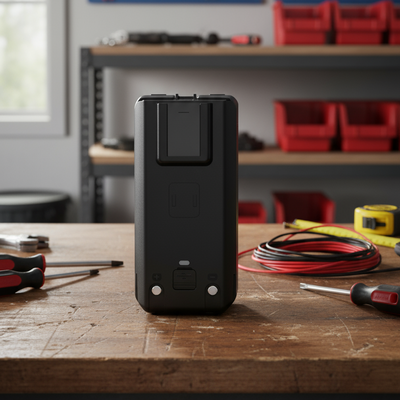 A black rectangular portable radio battery with top charging contacts and a belt clip.