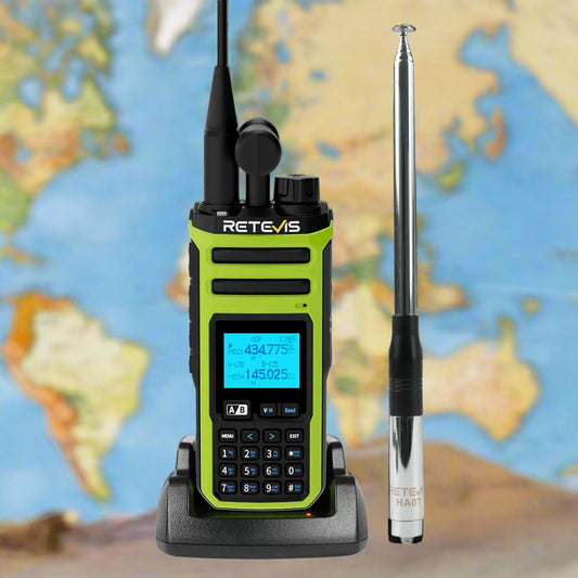 A lime green two-way radio with a digital display and keypad, accompanied by a separate telescopic antenna.