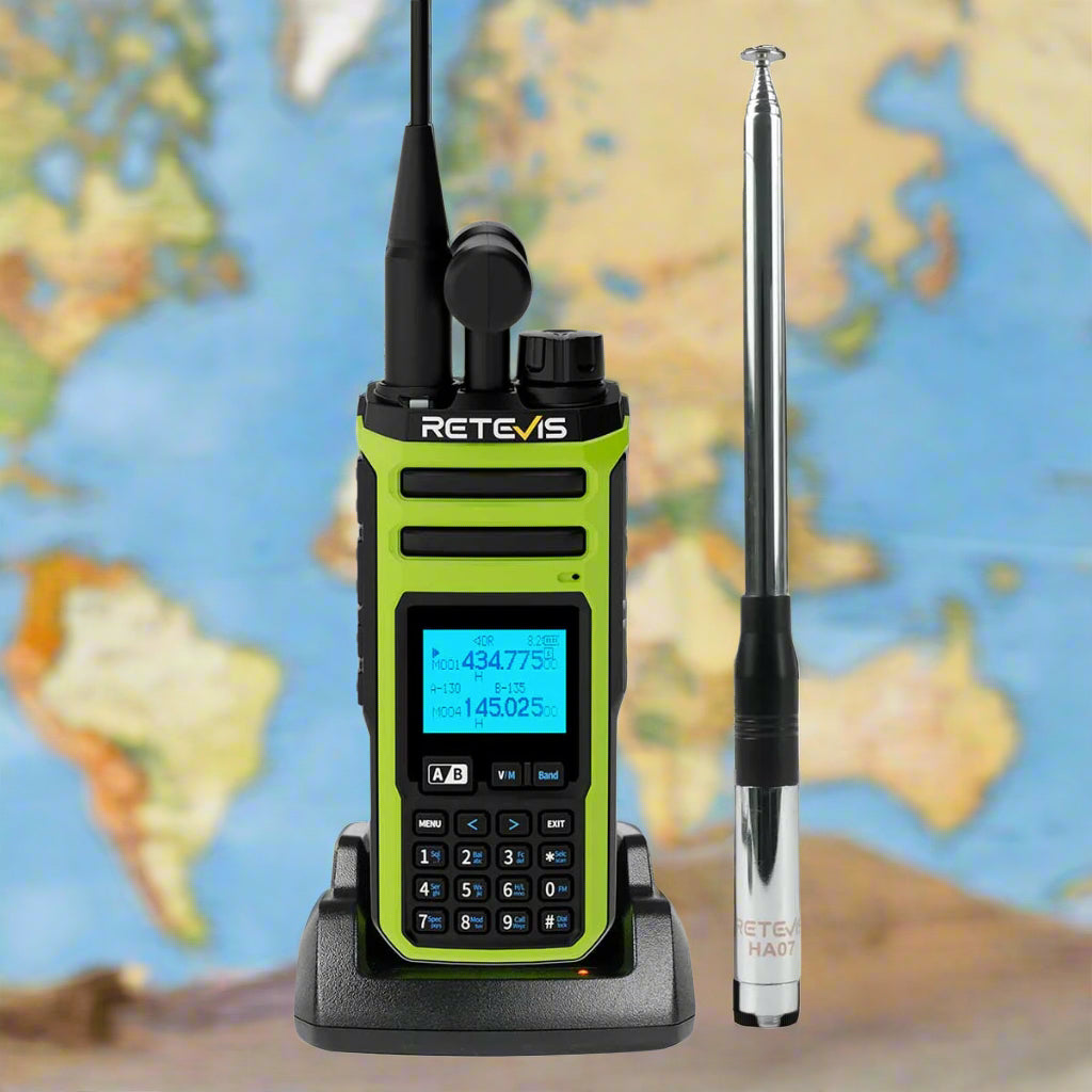 A lime green two-way radio with a digital display and keypad, accompanied by a separate telescopic antenna.