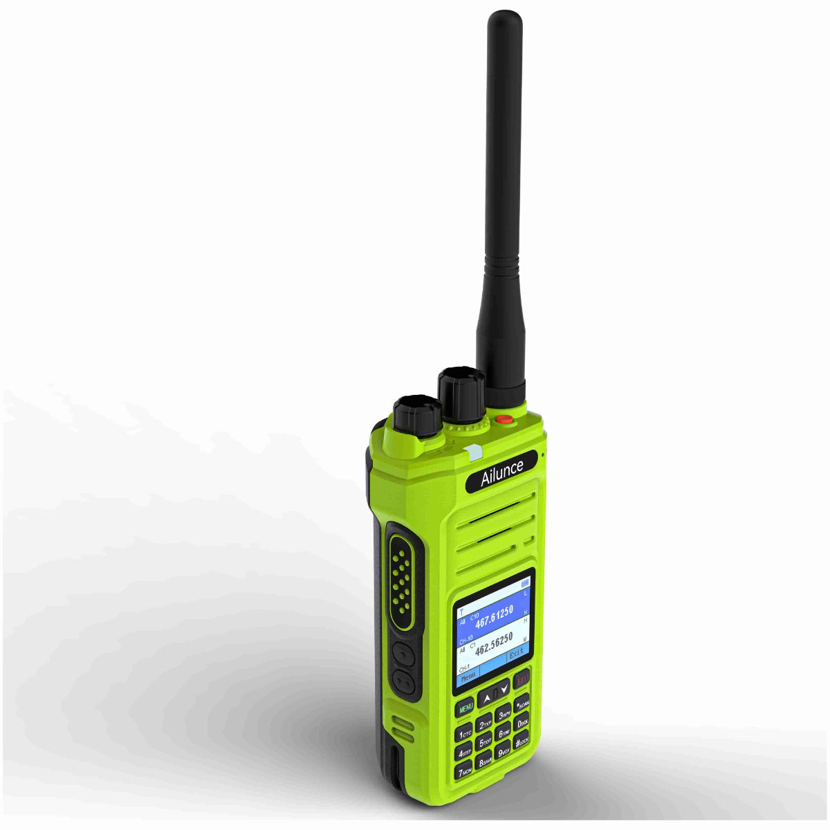 Lime green handheld two-way radio.