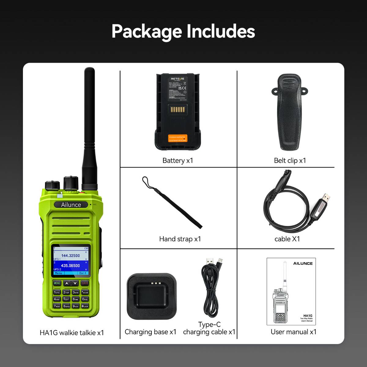 Walkie talkie package contents.