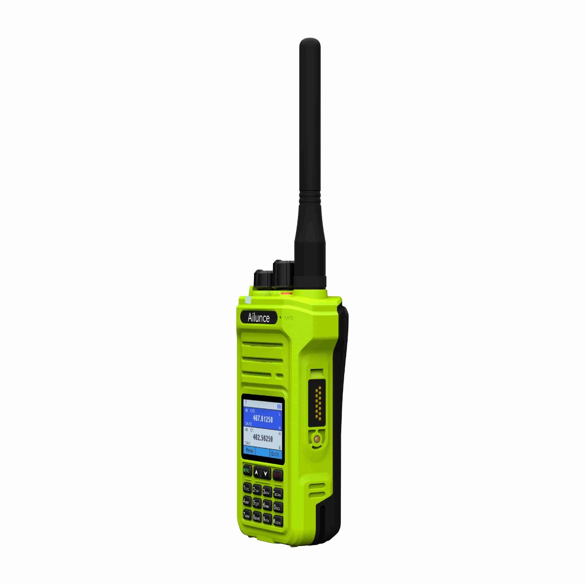 Lime green two-way radio with antenna.