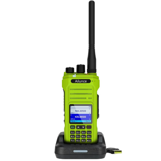 Lime green two-way radio with charging dock.