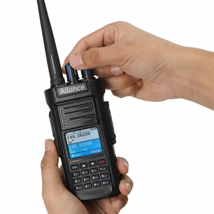 Black handheld two-way radio.