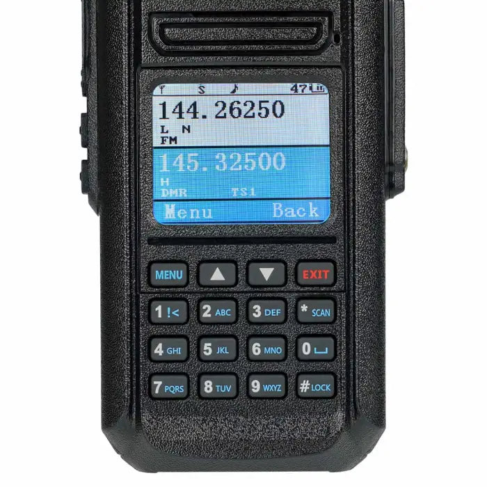 Black handheld two-way radio.
