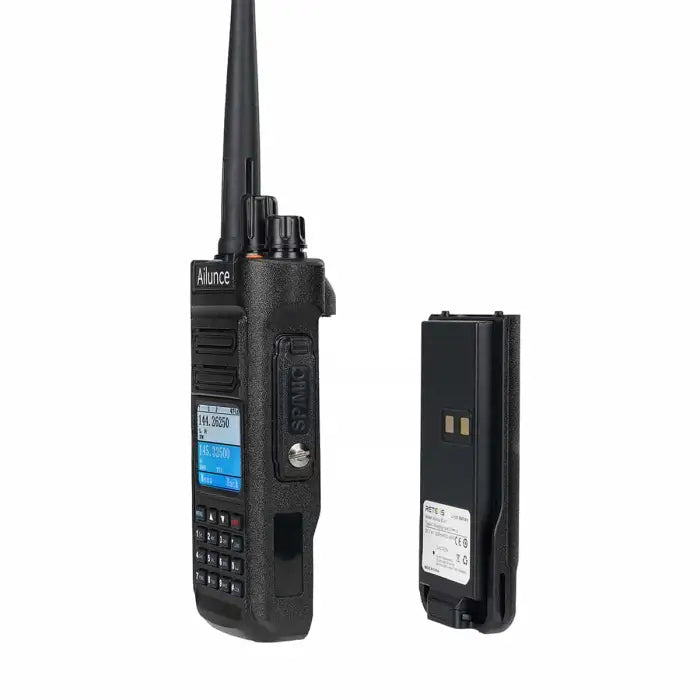 Black two-way radio with battery pack.