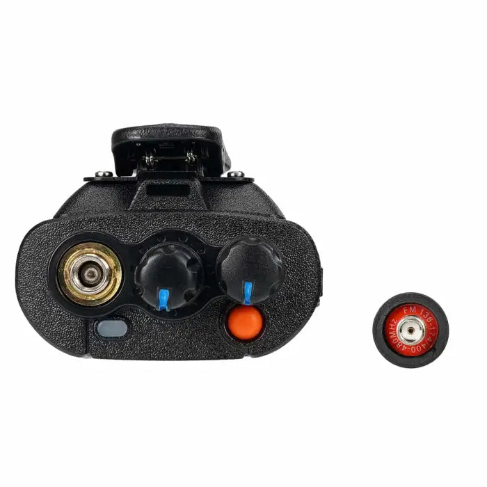 Black two-way radio with antenna detached.