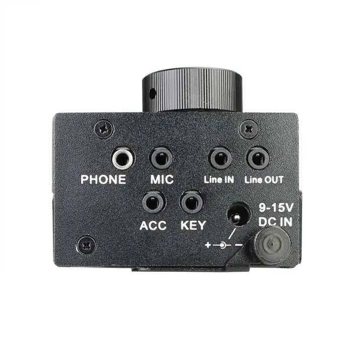 Black audio interface with multiple ports.