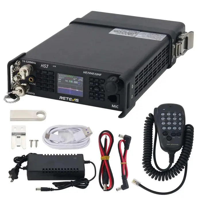 Black amateur radio transceiver with accessories.