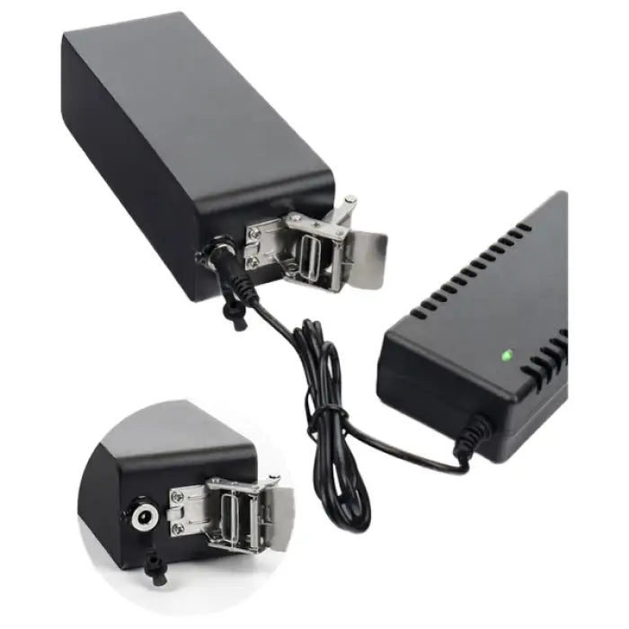 Black battery pack with charger.