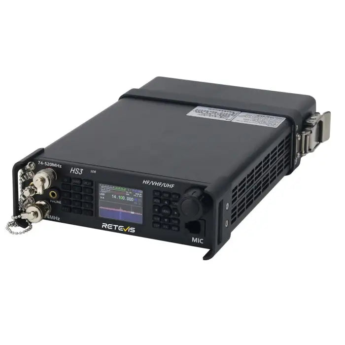 Black portable radio transceiver.