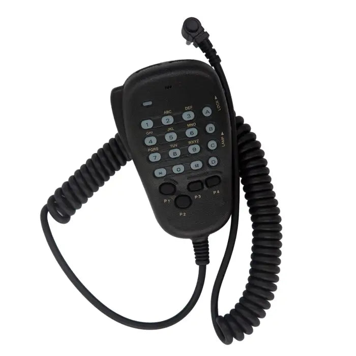 Black telephone handset with keypad and coiled cord.