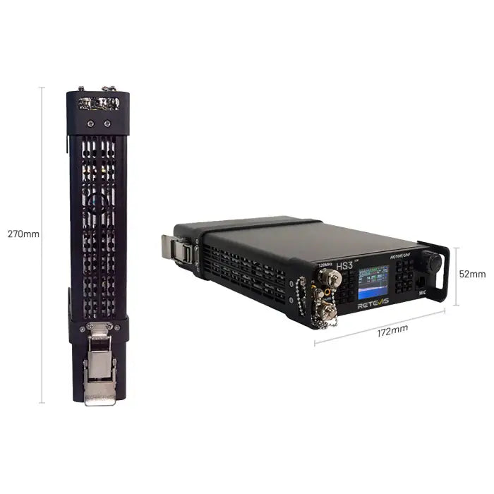 Black radio transceiver with dimensions.