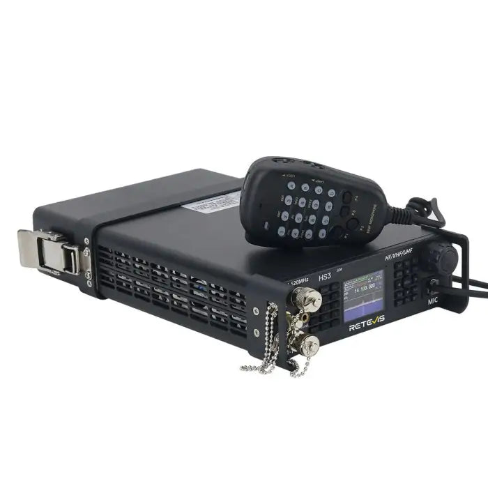 Black two-way radio with microphone.