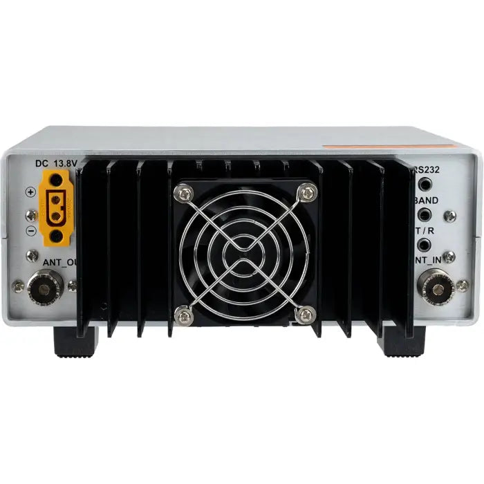 Electronic device with cooling fan and antenna connectors.