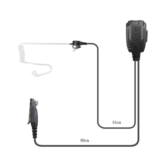 Black tactical earpiece with coiled microphone and clear tube design, compatible with kenwood radios.