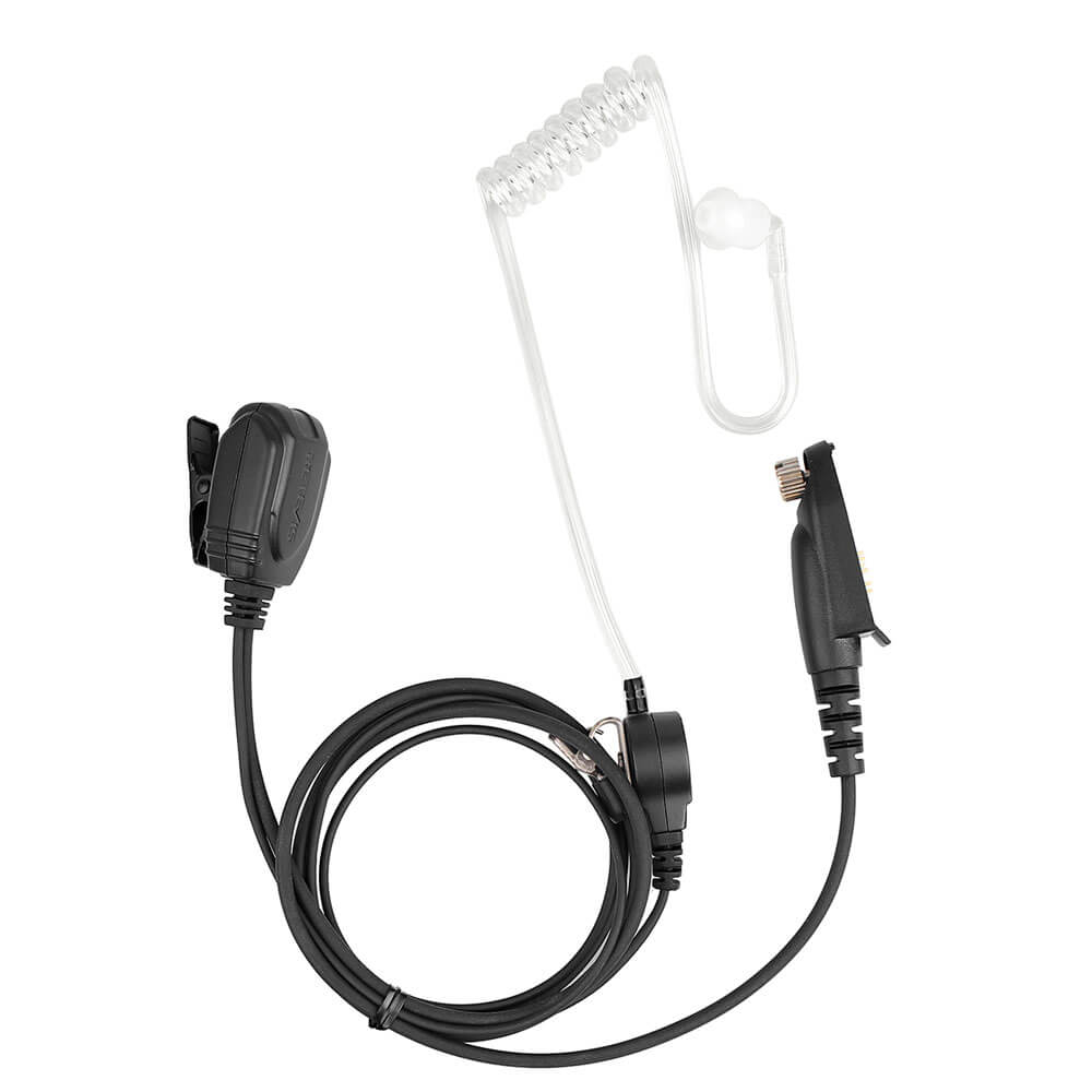Black coiled corded earpiece with clear plastic acoustic tube and clip for secure attachment.
