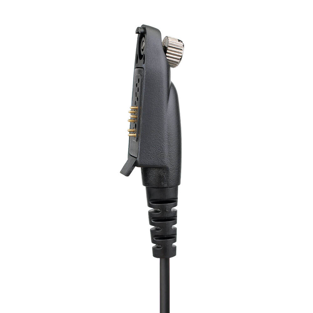 Black walkie-talkie with coiled cord and microphone