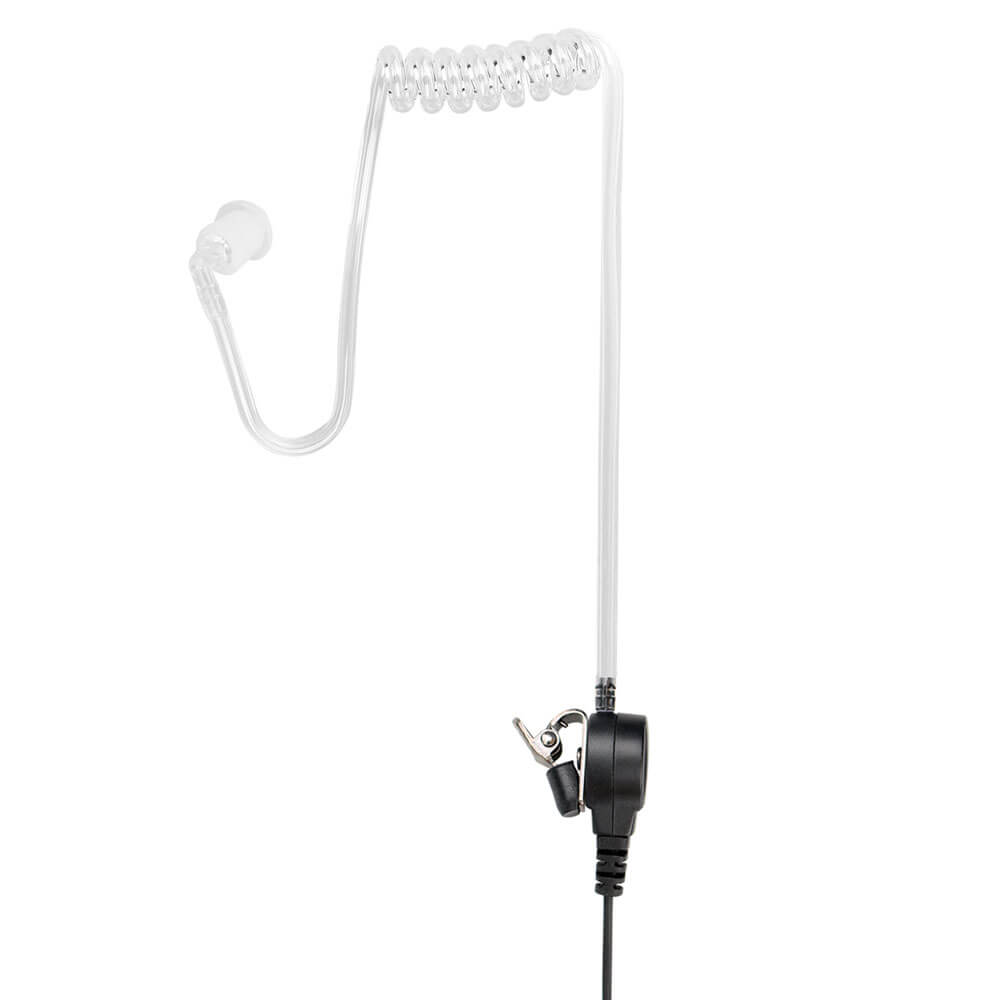 Clear coiled earpiece with black connector and clip, likely for communication devices like walkie-talkies or radios.
