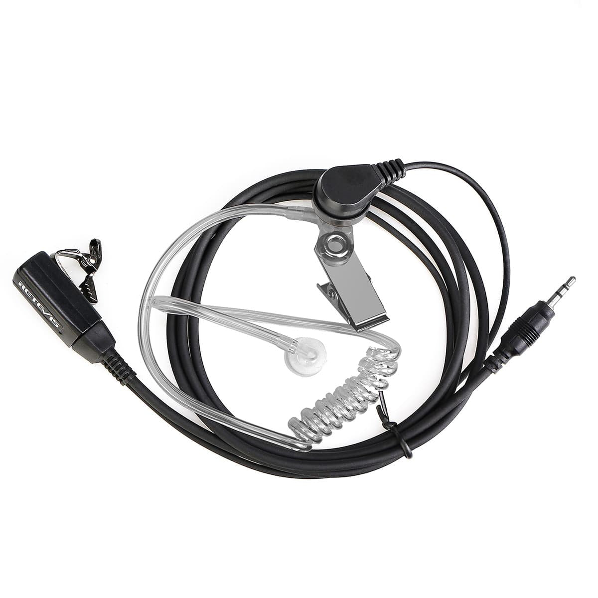Black coiled earpiece with microphone and clip, compatible with motorola radios.