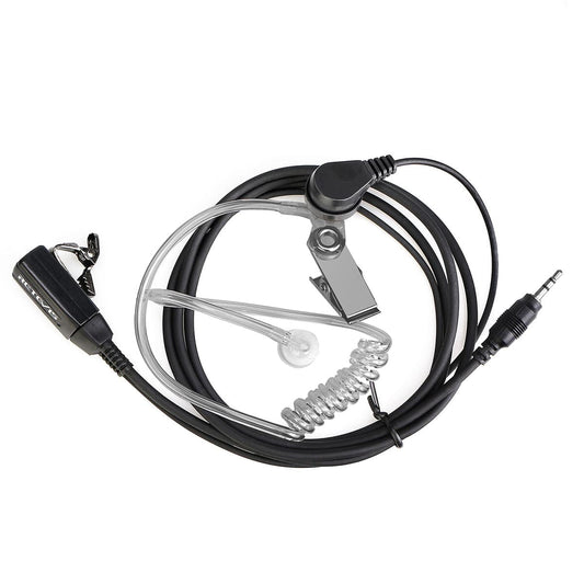 Black coiled earpiece with microphone and clip, compatible with motorola radios.