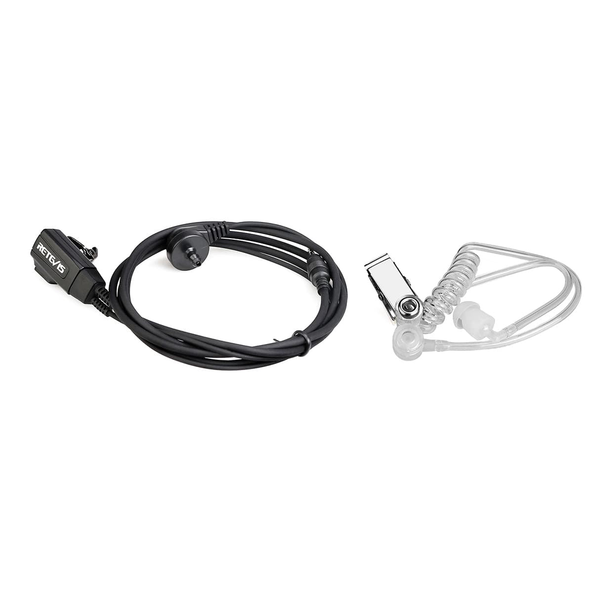Black coiled cord earpiece with clear plastic microphone and clip-on attachment, compatible with kenwood radios.
