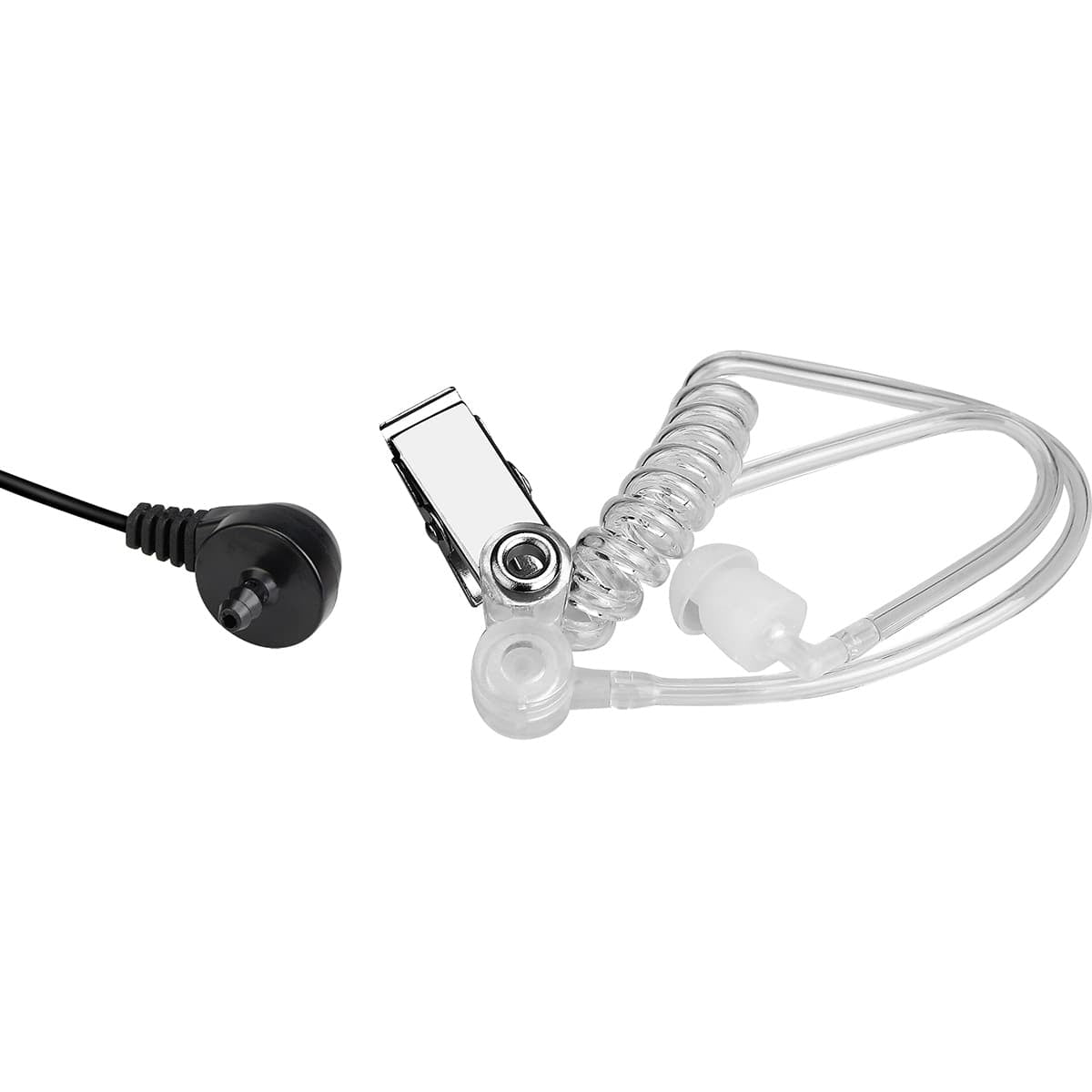 Clear coiled earpiece with black connector and clip, likely for communication devices like walkie-talkies or headsets.