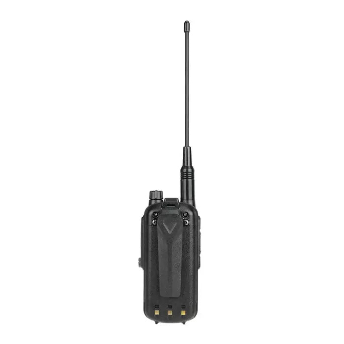 Black two-way radio with antenna.