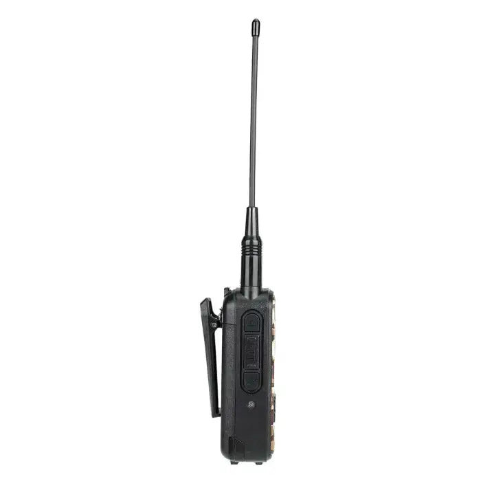 Black handheld two-way radio.