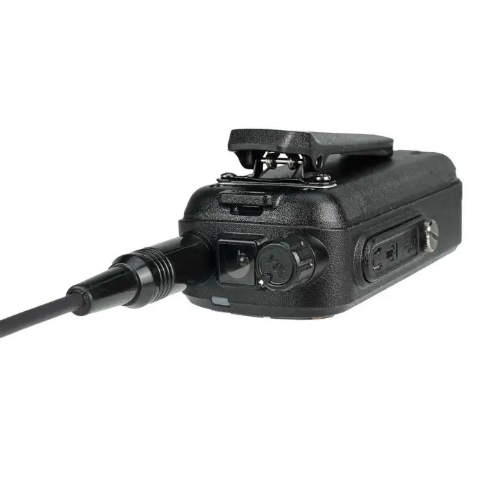 Black two-way radio with attached cable.