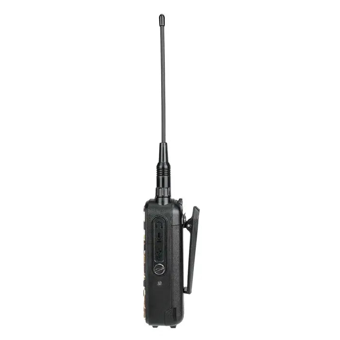 Black two-way radio with antenna.