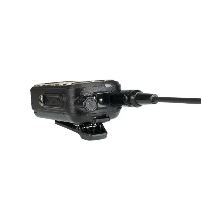 Black two-way radio with clip.