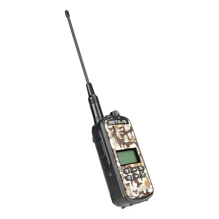 Camouflage two-way radio with antenna.