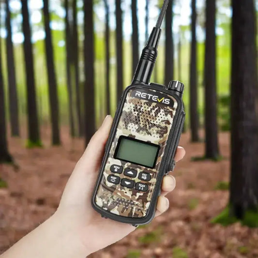 Camouflage handheld two-way radio.