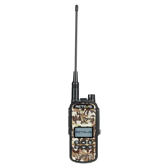 Camouflage handheld two-way radio.