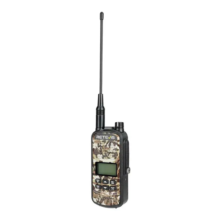 Camouflage two-way radio with antenna.
