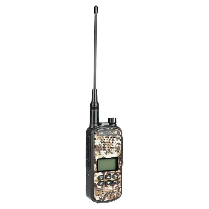 Camouflage two-way radio with antenna.