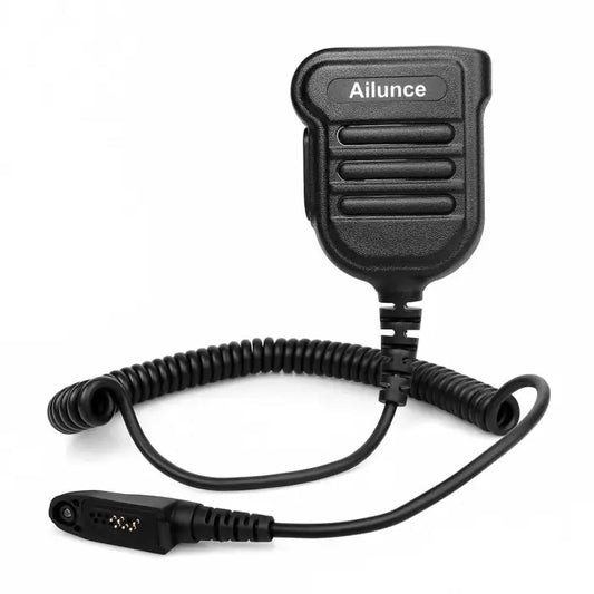 Black speaker microphone with coiled cord.