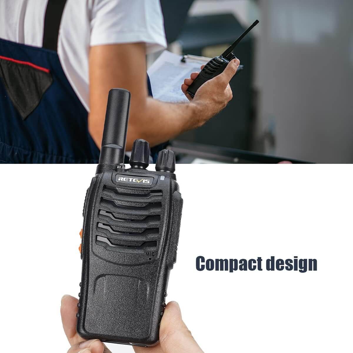 Black handheld two-way radio.