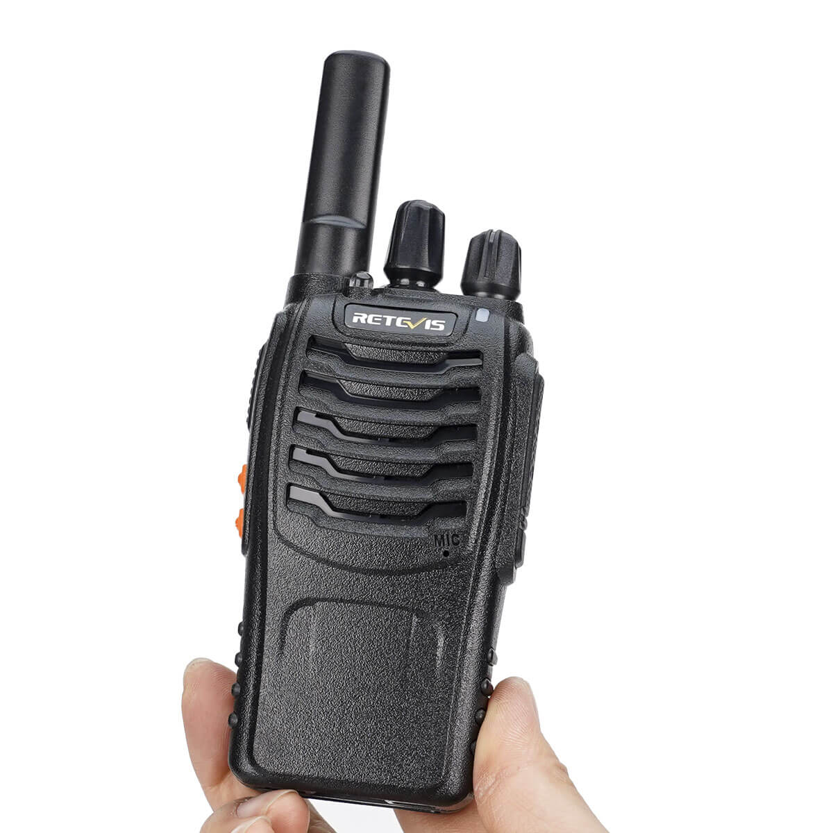 Black handheld two-way radio.