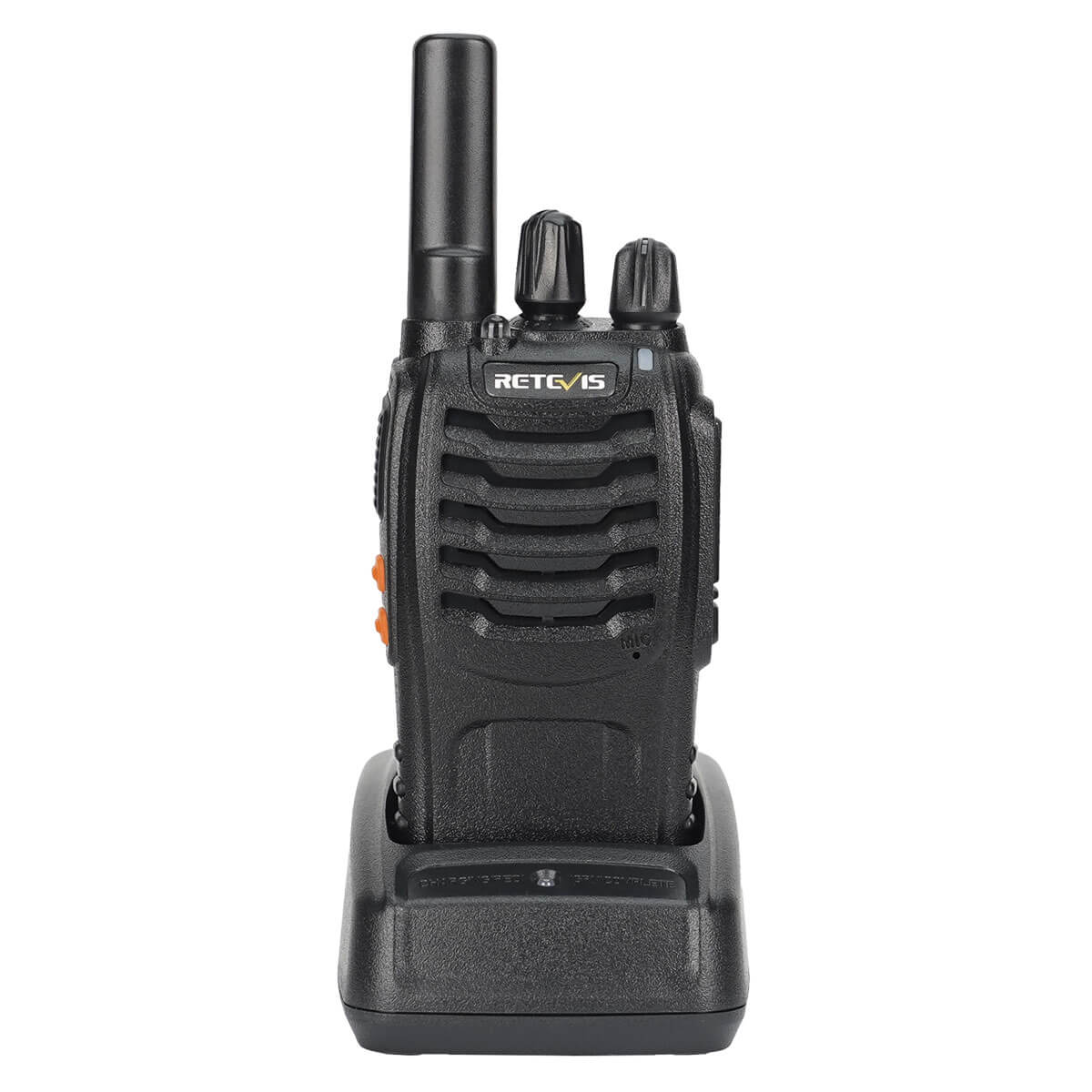 Black two-way radio in charging dock.