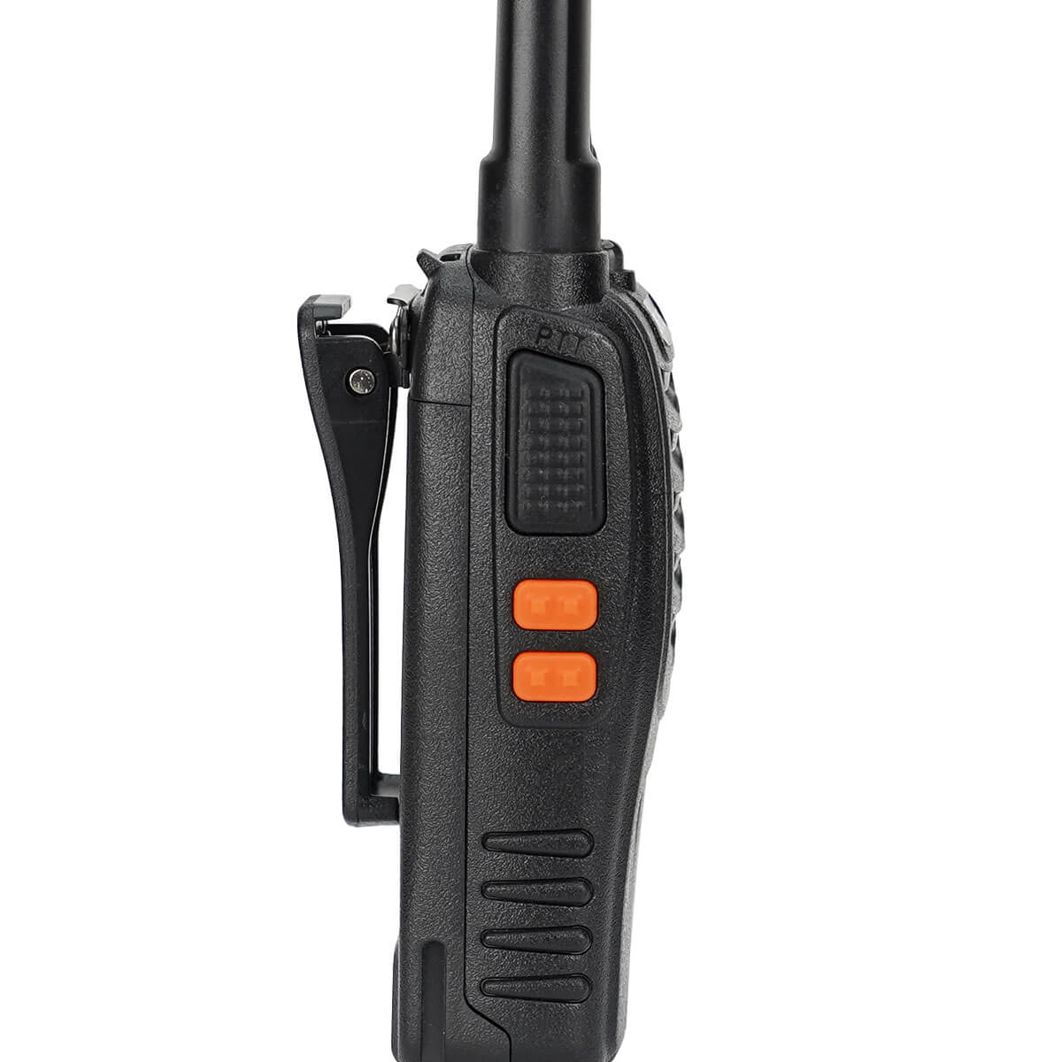 Black two-way radio with belt clip.