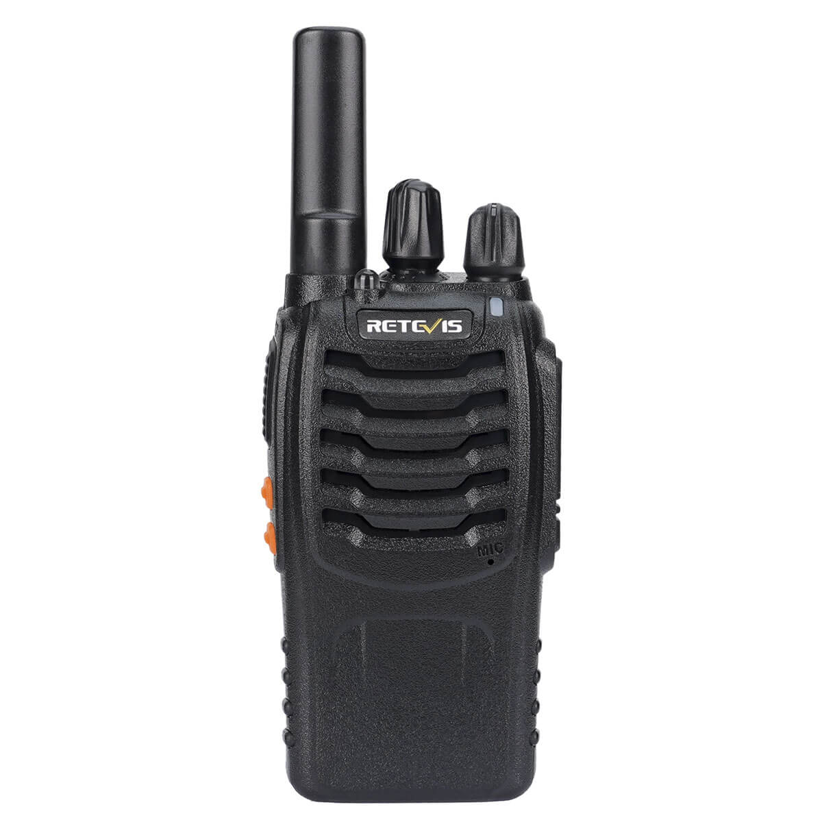 Black two-way radio with antenna.