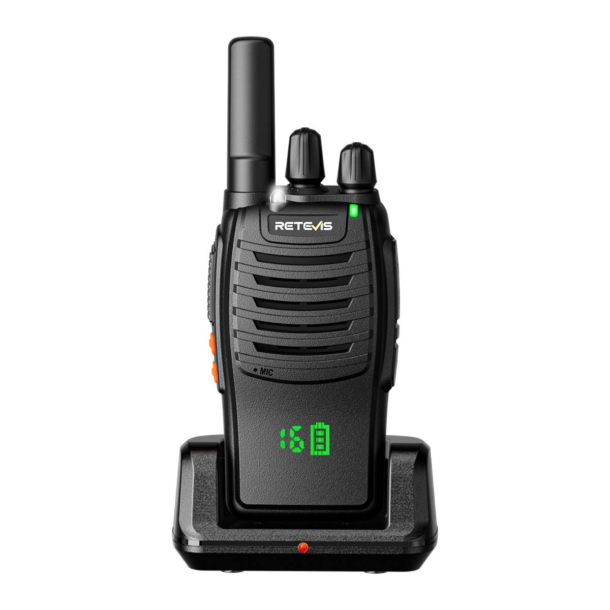 Black walkie-talkie with an antenna, charging in a base.