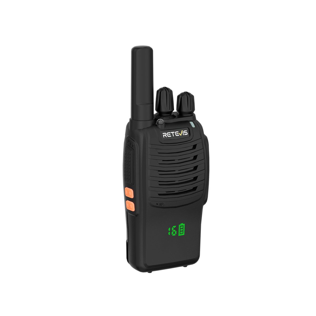 Black two-way radio with orange side buttons and a green digital display.