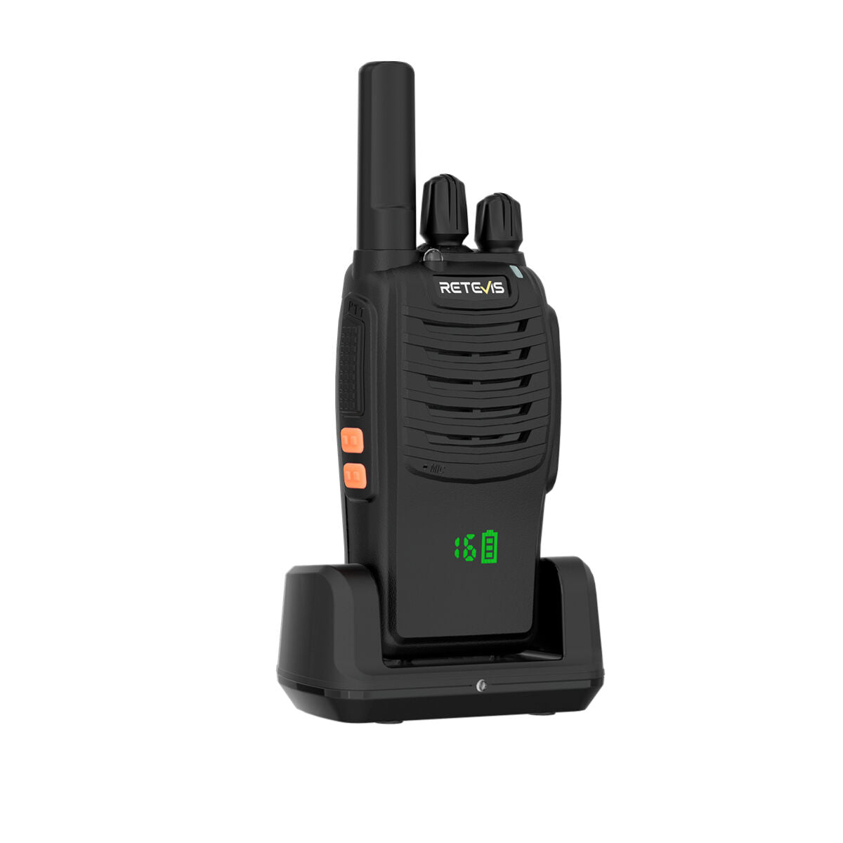 Black two-way radio with charging base.