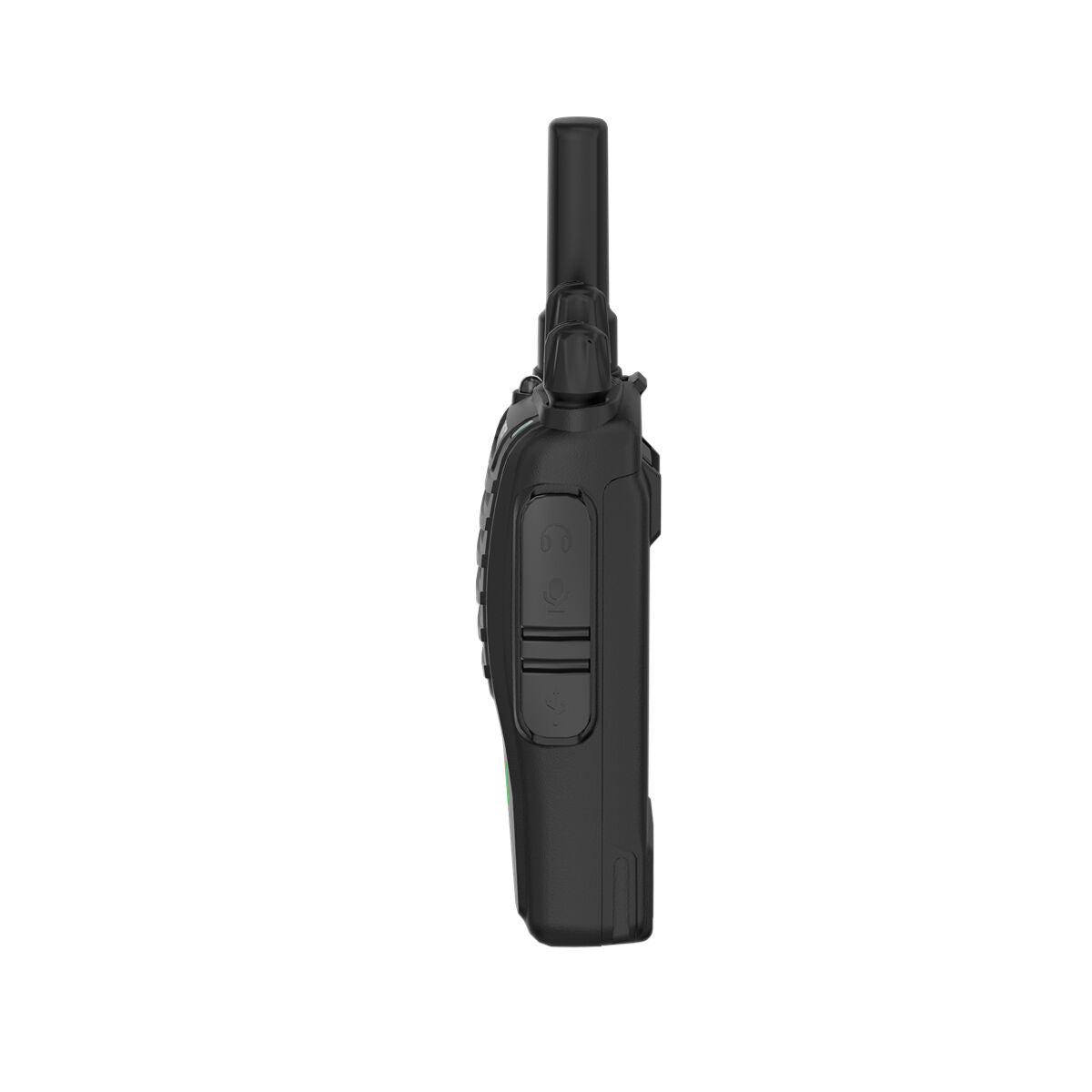 Black walkie-talkie with an antenna and side buttons.