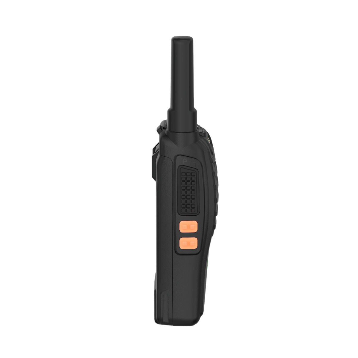 Black two-way radio with an antenna and orange side buttons.