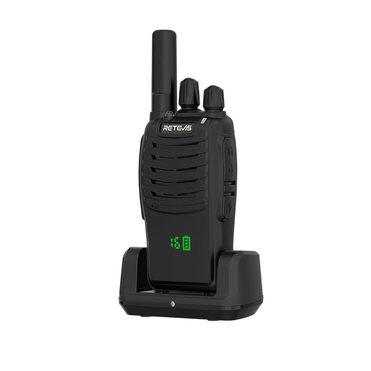 Black two-way radio with charging dock