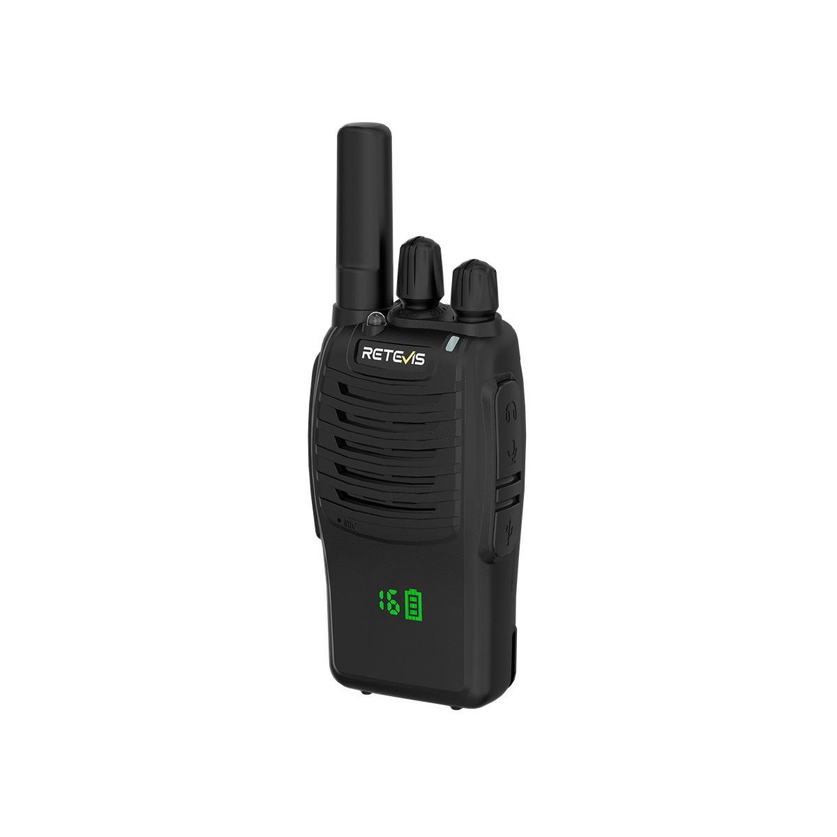 Black two-way radio with an antenna and battery indicator.